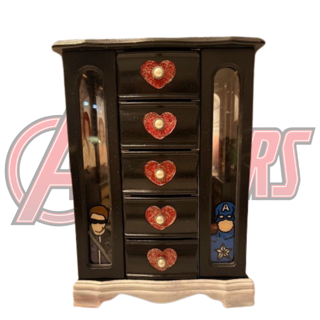 Front view of hand-painted Marvel Avengers jewelry box featuring Hawkeye and Captain America