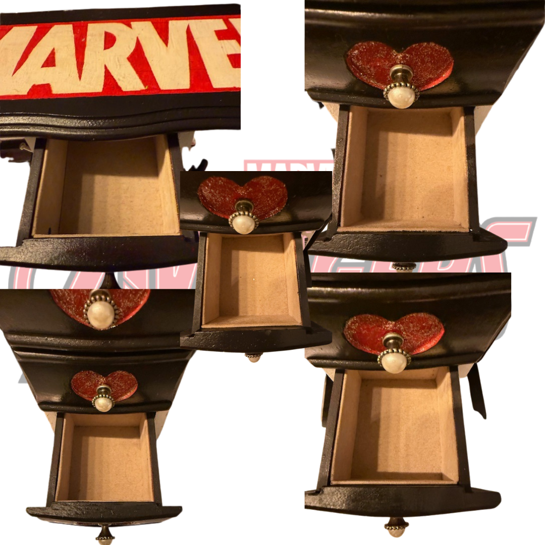 Collage showing interior drawers of Marvel jewelry box