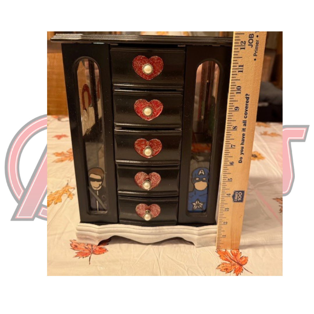 Jewelry box front view with ruler showing 12-inch height