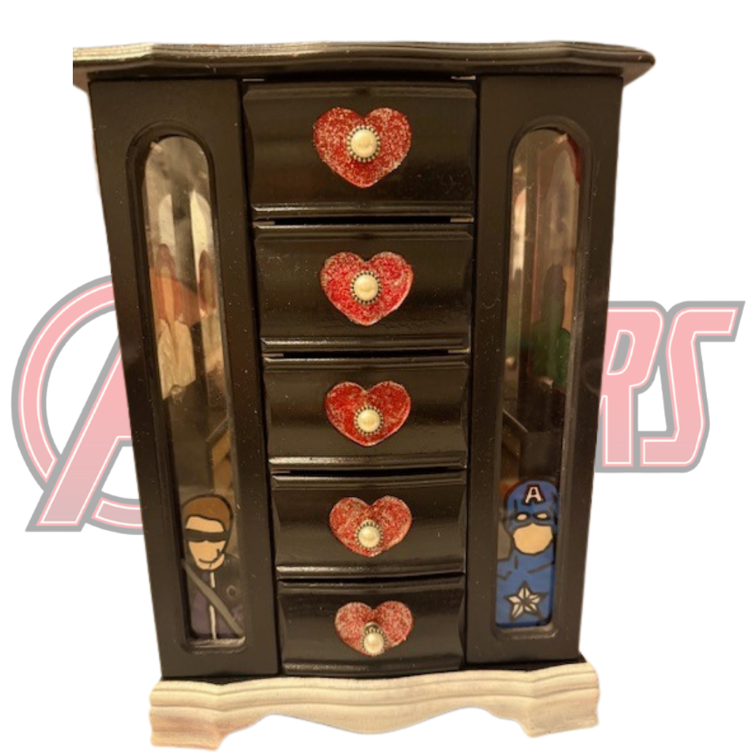 Full front of Avengers jewelry box with heart drawer pulls