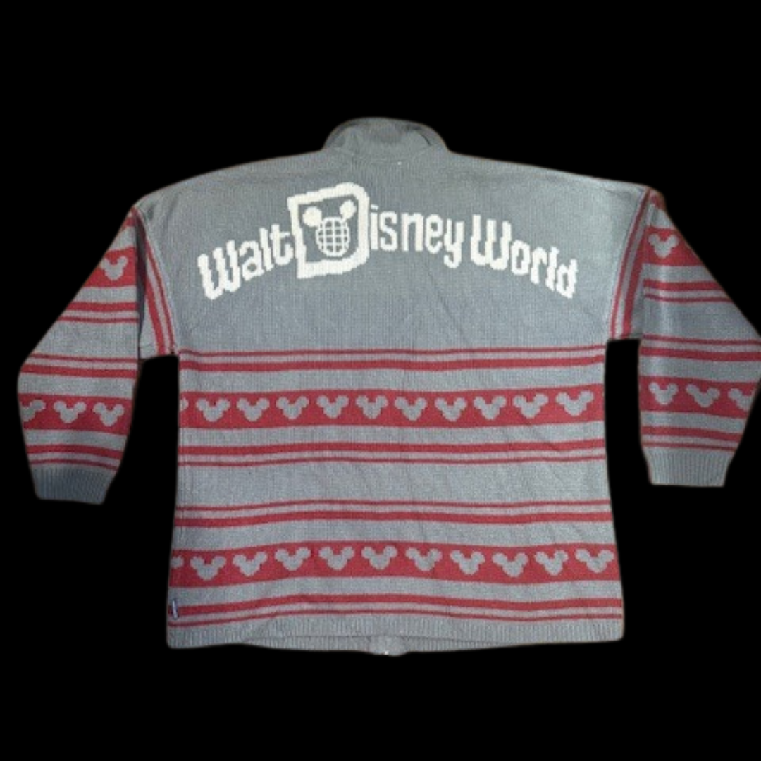 Back of gray and red Walt Disney World Disney Parks Spirit Jersey sweater with large logo knit design