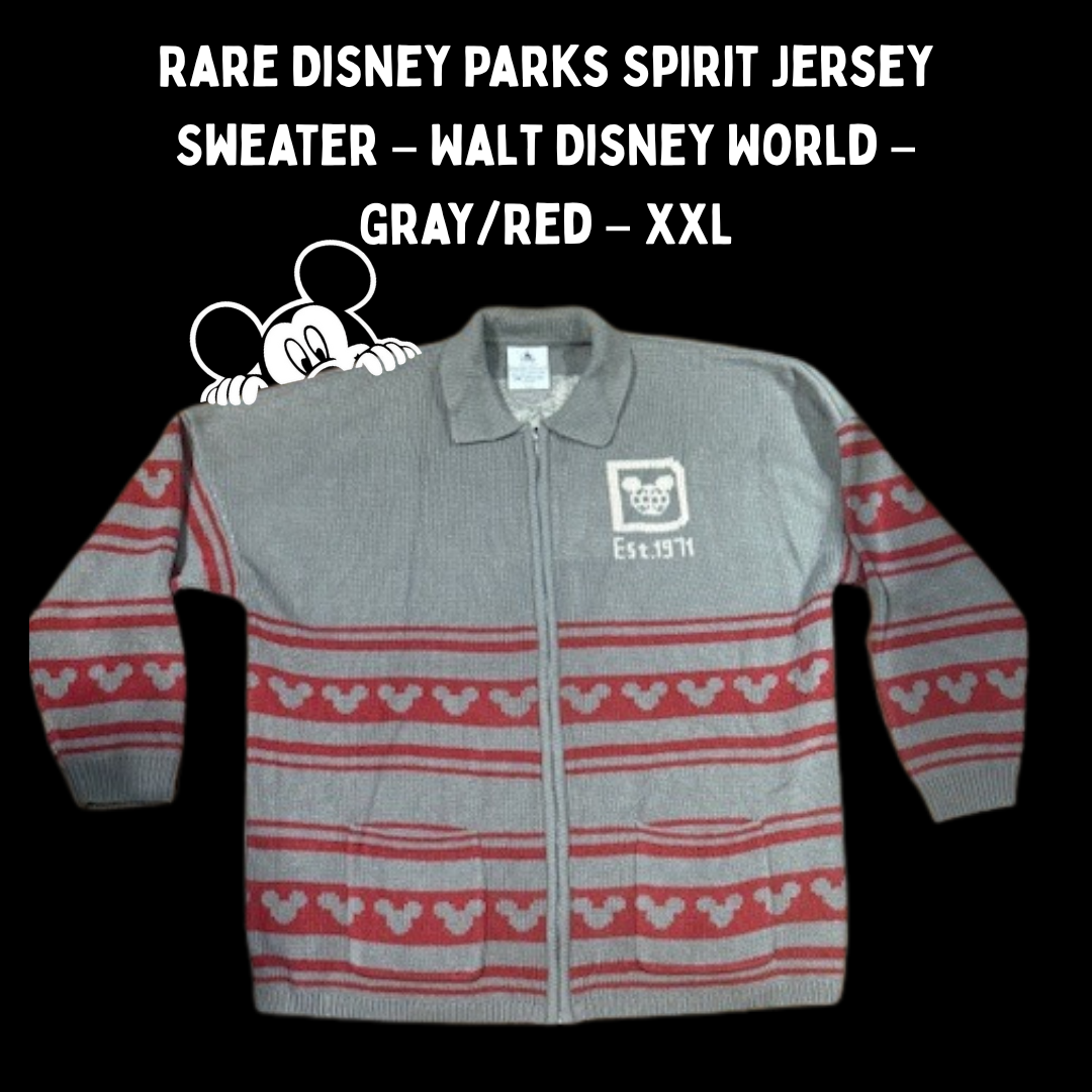 Rare Disney Parks Spirit Jersey sweater Walt Disney World gray and red XXL with peeking Mickey graphic and product title