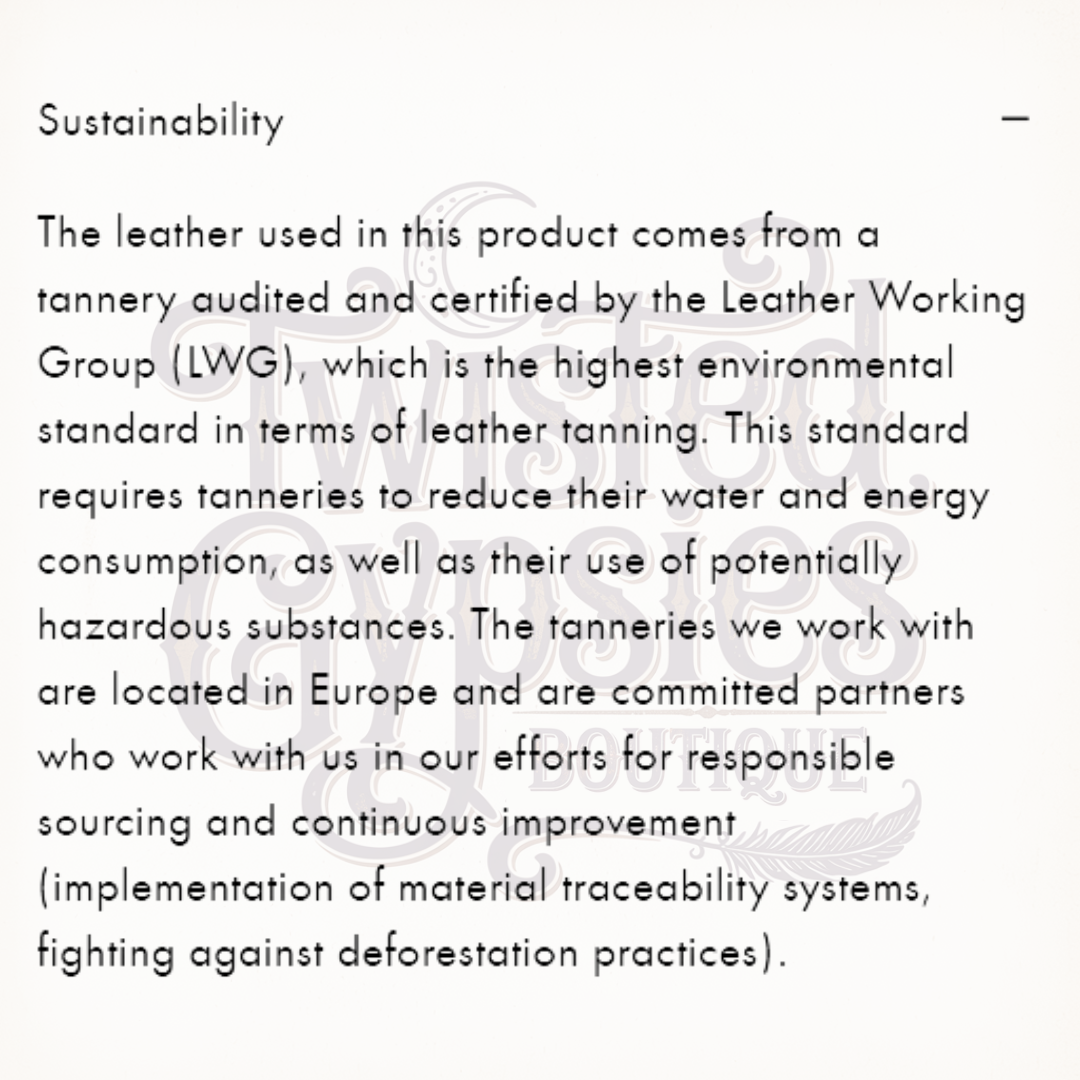 Louis Vuitton sustainability card explaining LWG-certified leather and responsible sourcing standards
