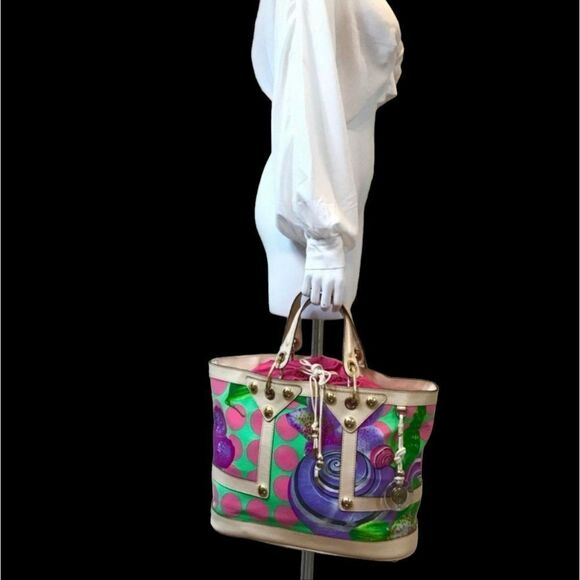 Versace Runway Luxury Tote Bag with pink and green polka dot design, gold hardware, and leather trim.