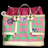 Versace Runway Luxury Tote Bag with pink and green polka dot design, gold hardware, and leather trim.