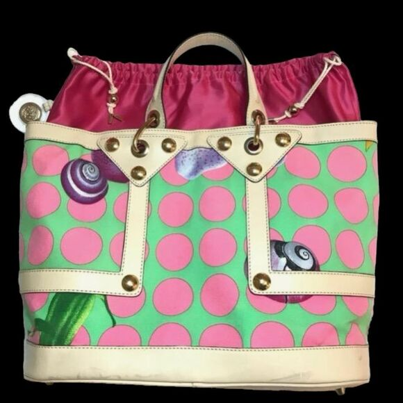 Versace Runway Luxury Tote Bag with pink and green polka dot design, gold hardware, and leather trim.