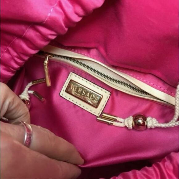 Versace Runway Luxury Tote Bag with pink and green polka dot design, gold hardware, and leather trim.