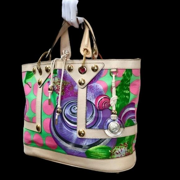 Versace Runway Luxury Tote Bag with pink and green polka dot design, gold hardware, and leather trim.
