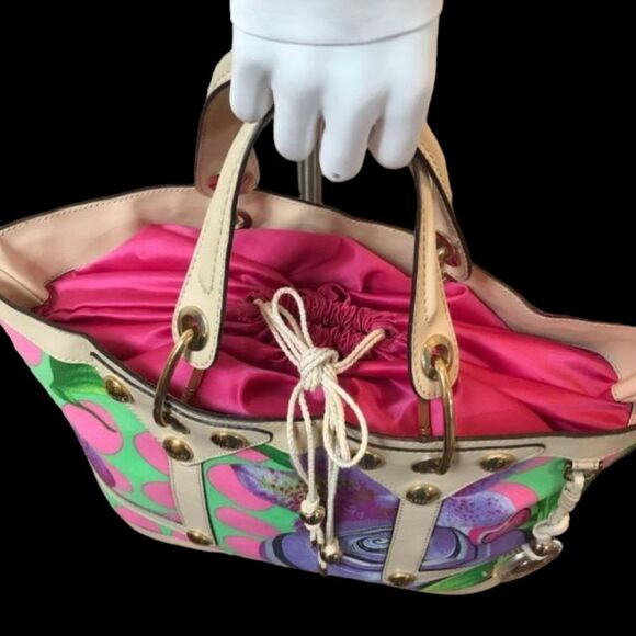 Versace Runway Luxury Tote Bag with pink and green polka dot design, gold hardware, and leather trim.