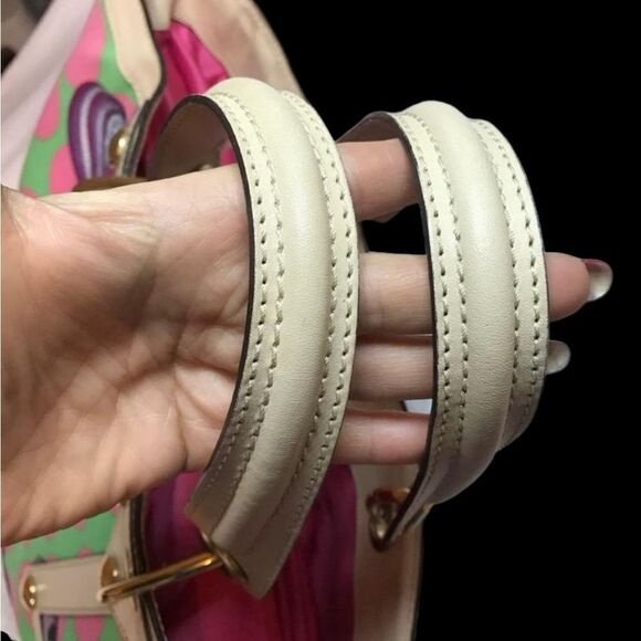 Versace Runway Luxury Tote Bag with pink and green polka dot design, gold hardware, and leather trim.