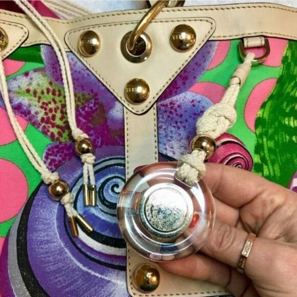 Versace Runway Luxury Tote Bag with pink and green polka dot design, gold hardware, and leather trim.