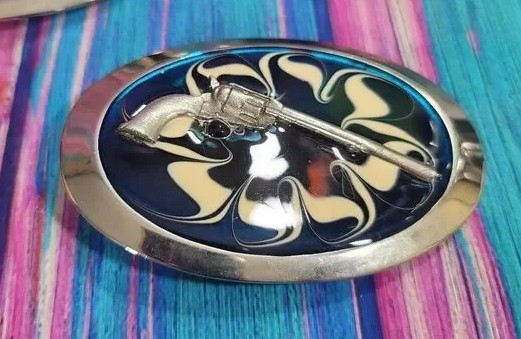 Old Western Revolver on Blue Epoxy Belt Buckle