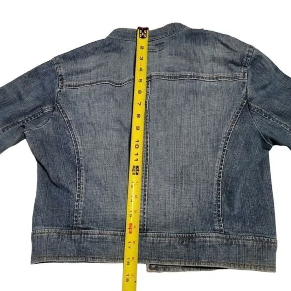 Michael Kors Cropped Denim Jacket – Women’s Size 6 | Fitted Jean Jacket with Brass Buttons & Band Collar (NWOT)