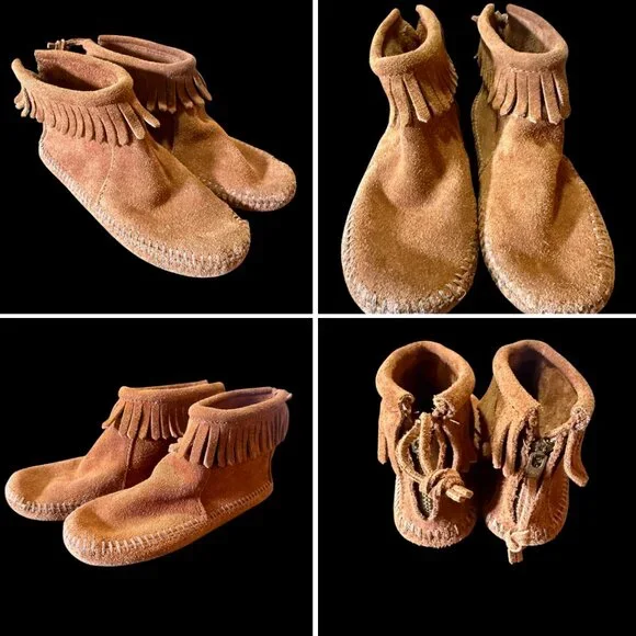 Minnetonka Girl's Classic Fringe Back Zip Softsole Moccasin Boot Size 11