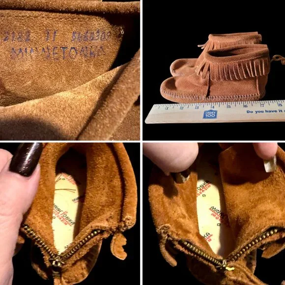 Minnetonka Girl's Classic Fringe Back Zip Softsole Moccasin Boot Size 11
