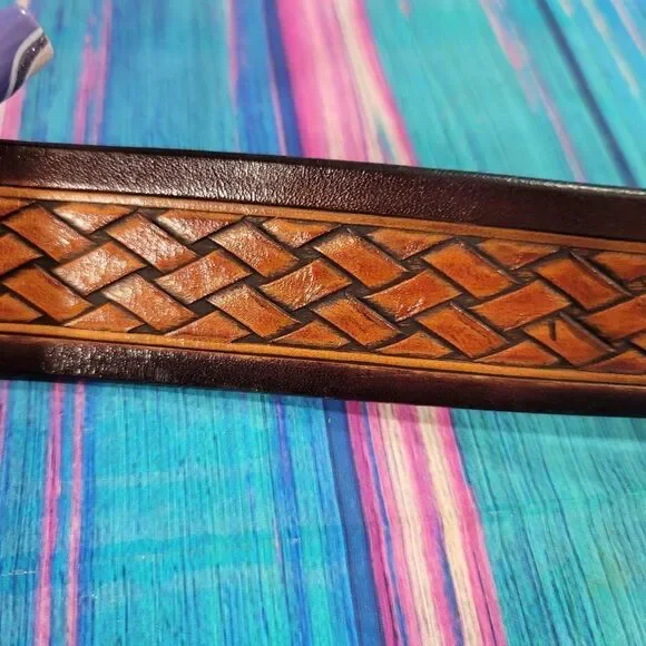 Genuine Leather Belt Basket Weave Size 38 With Marks  (1004)