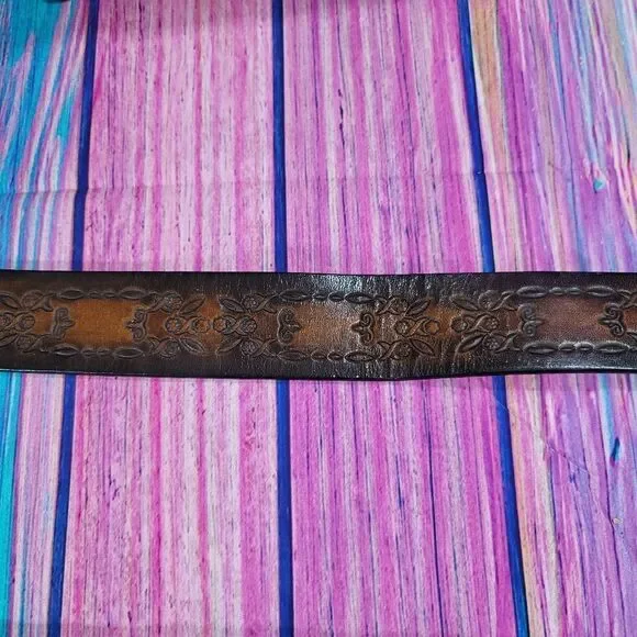 Genuine Leather Belt Brown with Floral Box Pattern Size 38 (2001)