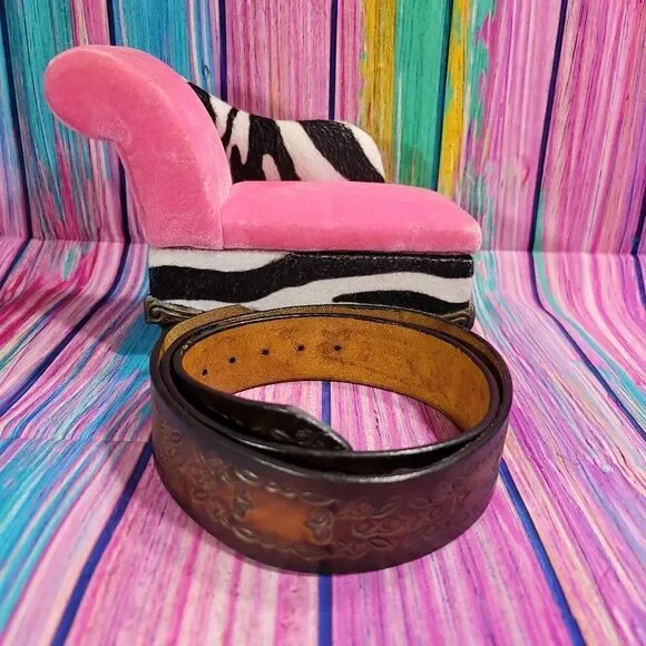 Genuine Leather Belt Brown with Floral Box Pattern Size 38 (2001)