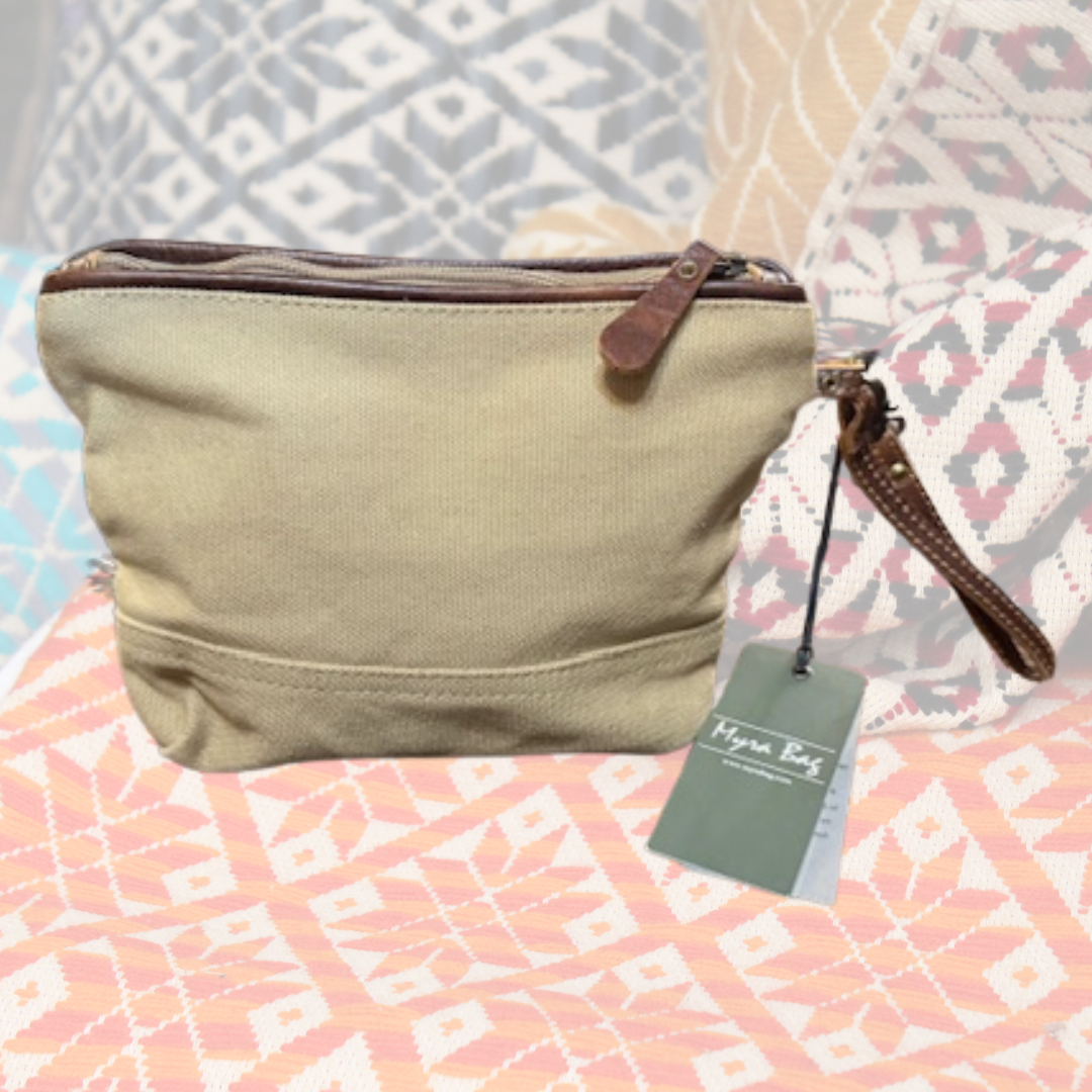 Back of Myra Bag Patsy Pouch showing solid canvas panel and leather zipper pull