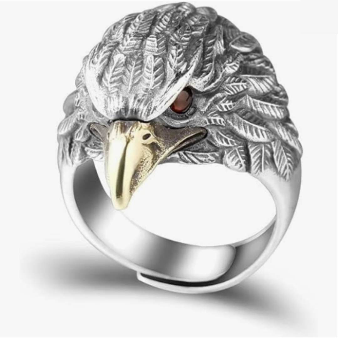 Retro eagle statement ring with sculpted silver-tone feathers, gold beak, and adjustable copper alloy band.