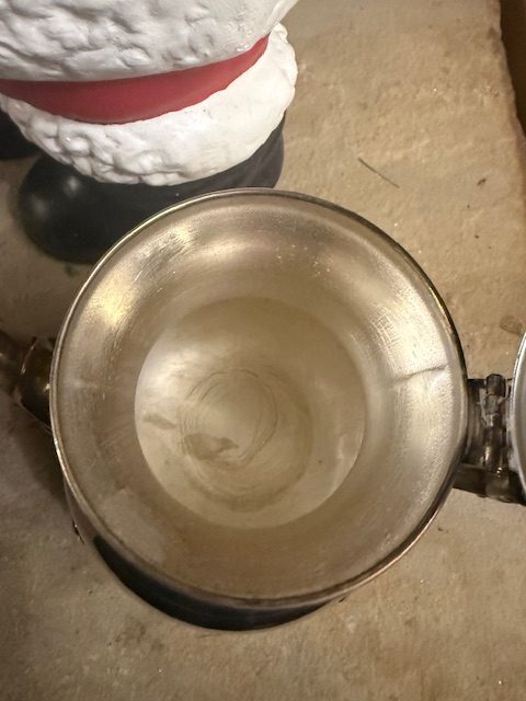 vintage-silverplate-pot-interior-condition.jpg Interior of the vintage silverplated coffee pot showing clean surface with age-appropriate patina.