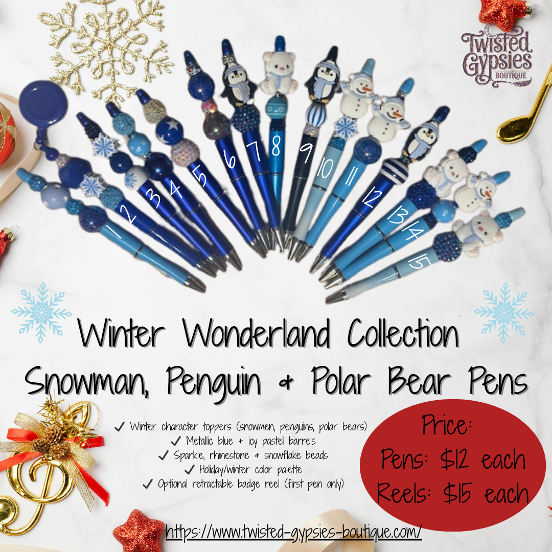 Winter Wonderland Collection holiday pens with snowman, penguin, and polar bear toppers in blue and icy pastel tones, handcrafted by Twisted Gypsies Boutique