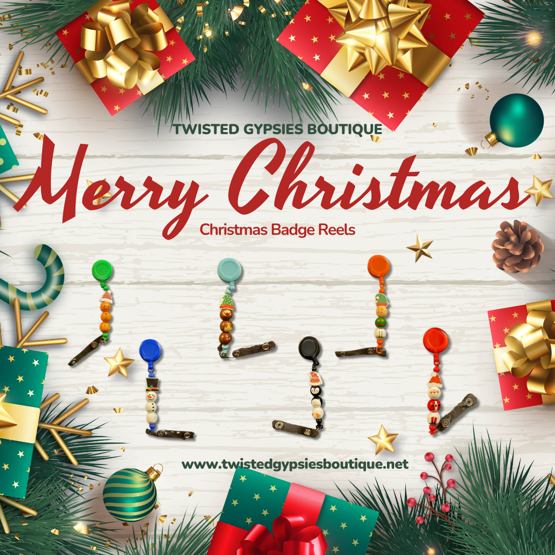 Handmade Christmas badge reels with painted wooden beads and holiday character toppers from Twisted Gypsies Boutique.