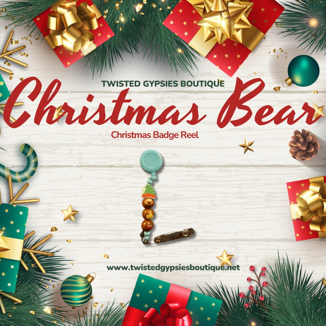 Christmas Bear handmade badge reel with painted wooden beads and a plastic retractable reel in assorted colors.