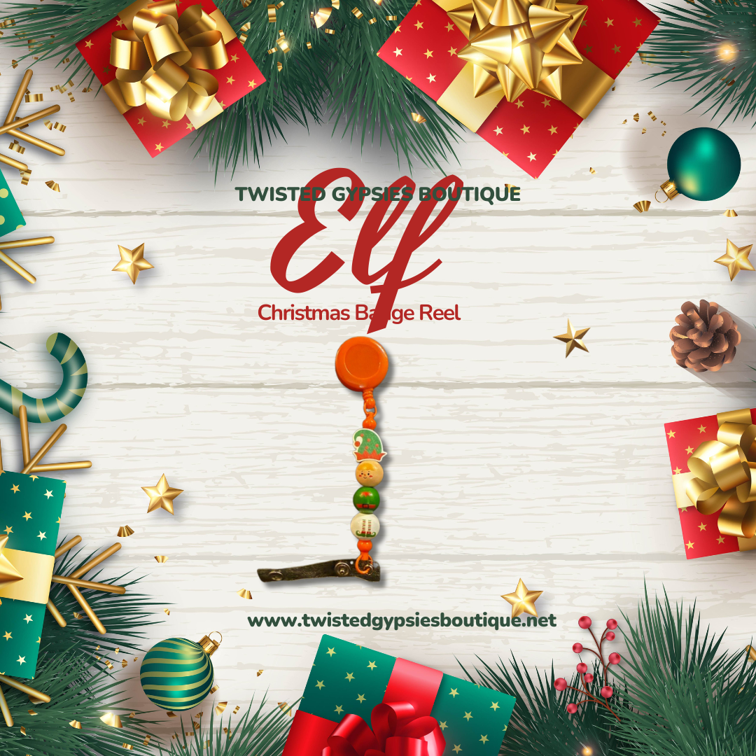 Handmade Elf Christmas badge reel with painted wooden beads and orange plastic retractable reel.