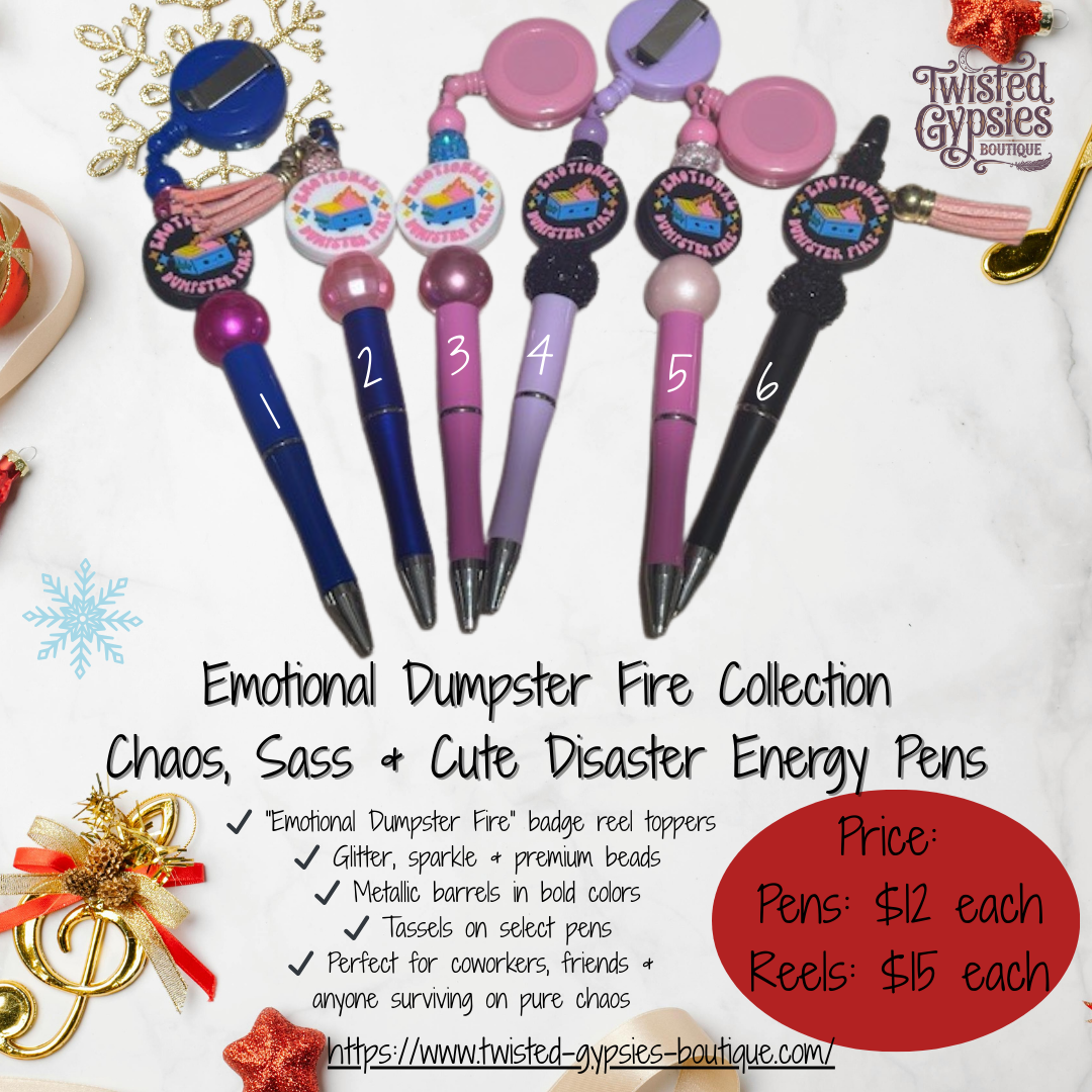 Emotional Dumpster Fire beaded pens and matching badge reels with glitter beads and bold colors