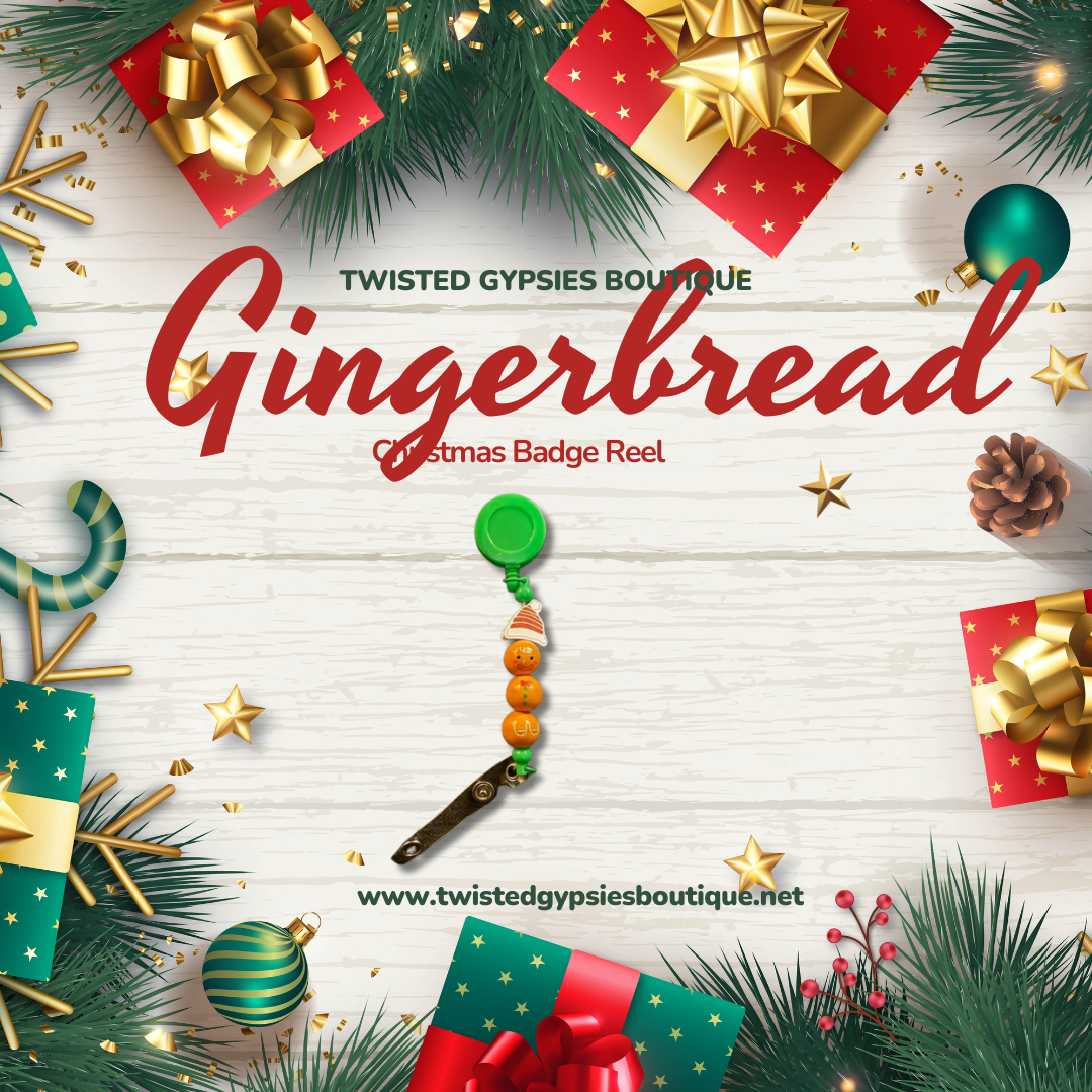 Handmade Gingerbread badge reel with painted wooden beads and green plastic reel.