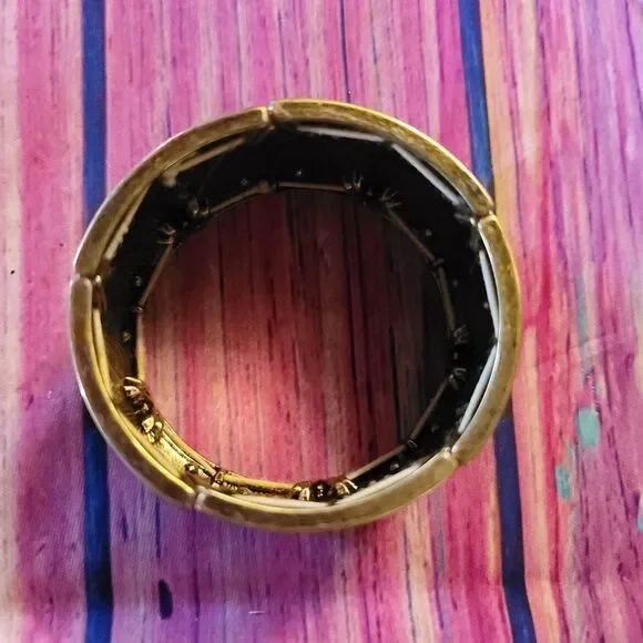 Goldtone Stretch Bracelet with Geometric Design & Stone Accents