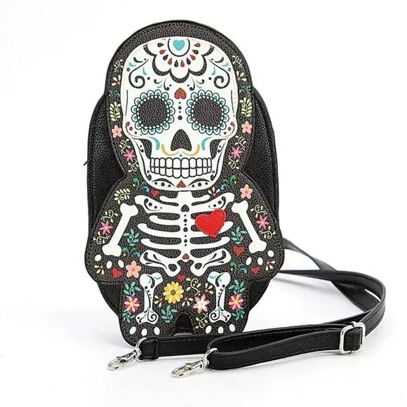 m_wp_690c1c6ded788d696bdae9c0 Floral Sugar Skull Skeleton Crossbody Bag | Vinyl