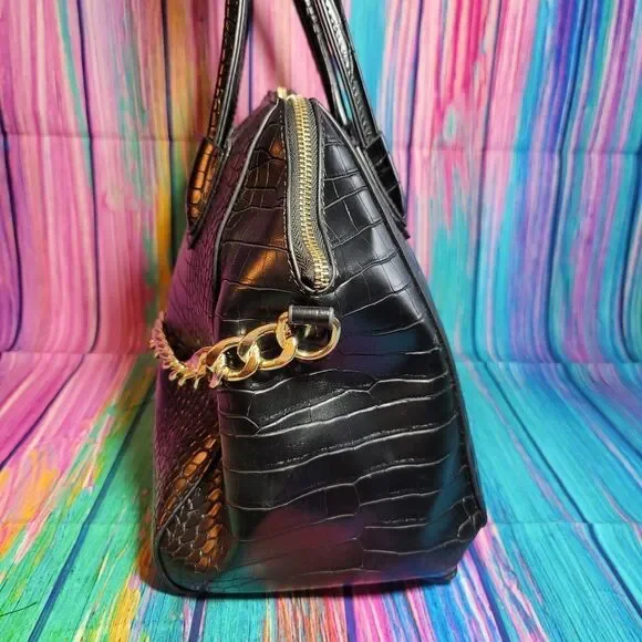 JustFab Black Croc-Embossed Satchel w/ Gold Chain Handle | EUC