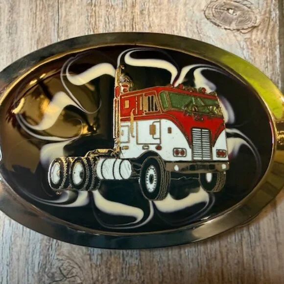 Vintage Epoxy Belt Buckle – White & Red Peterbilt Semi Truck – New Old Stock