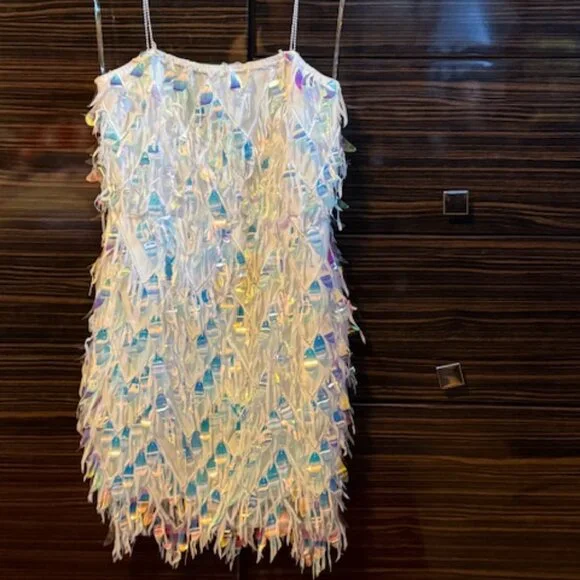 Iridescent Holographic Fringe Mini Dress | Fashion Nova