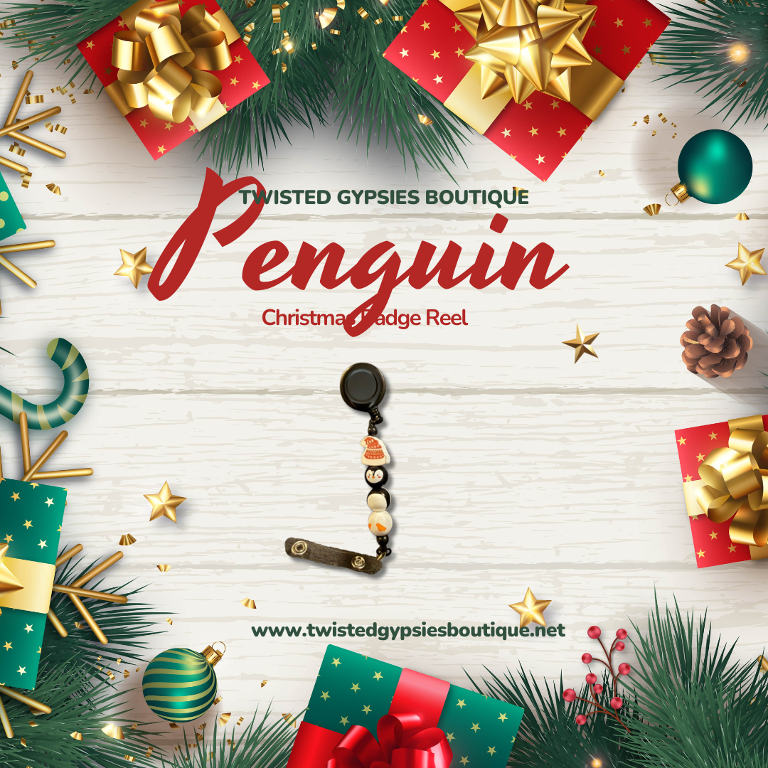 Handmade Penguin Christmas badge reel with painted wooden beads and assorted plastic reel.