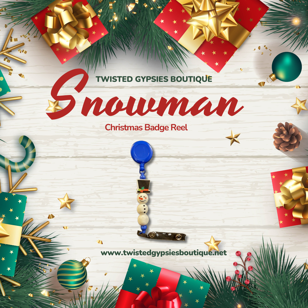 Handmade Snowman Christmas badge reel with painted wooden beads and blue plastic retractable reel.